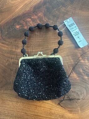 Cache Black Beaded Clutch with Gold Frame